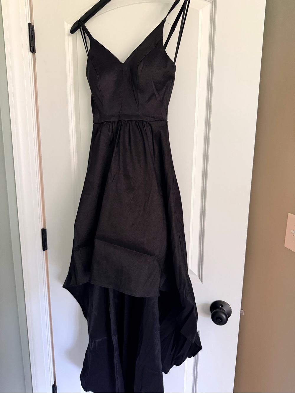 Betsy & Adam Black Satin High-Low Spaghetti Strap Dress